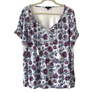 Lane Bryant Blue Red White Floral Boho Short sleeve Blouse Size 18